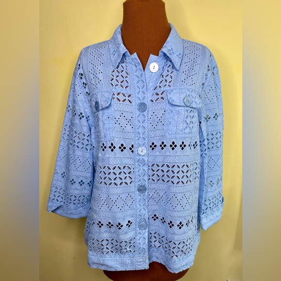 Jackets & Blazers - Drapers and Damon’s Scallop Eyelet Cotton Jacket Light Blue Size Large